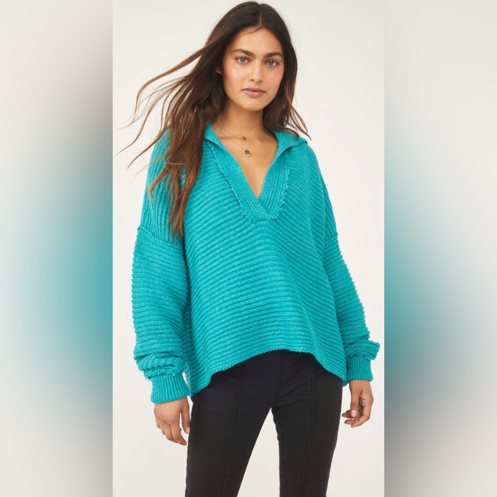 Free People Women’s Cotton Cozy Turquoise V-Neck Knit Sweater Size Small
